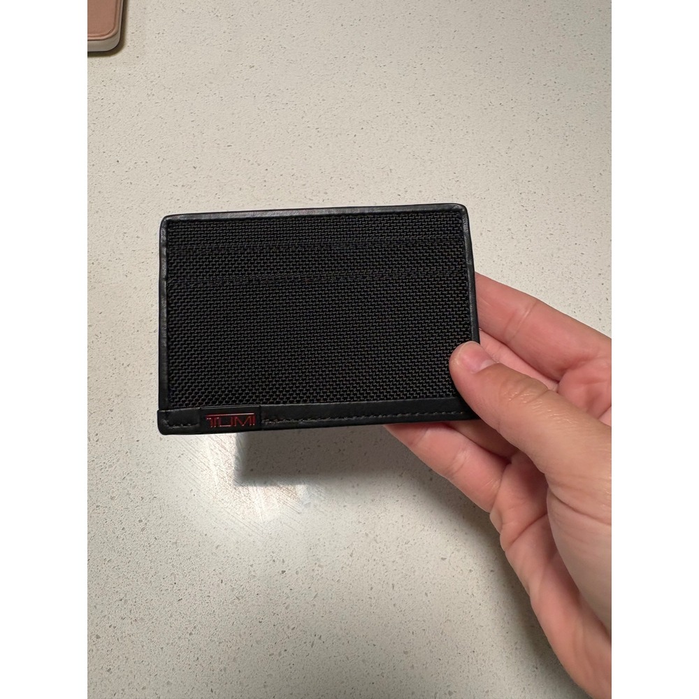 Tumi Alpha Ballistic Nylon Leather Trim Slim Card Case Wallet Black ID Window